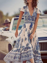 Load image into Gallery viewer, Printed V Neck Short Sleeve Vintage Beach Bohemia Maxi Dress
