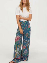 Load image into Gallery viewer, Autumn Bird Flower Print High Waist Side Zipper Loose Wide Leg Pants
