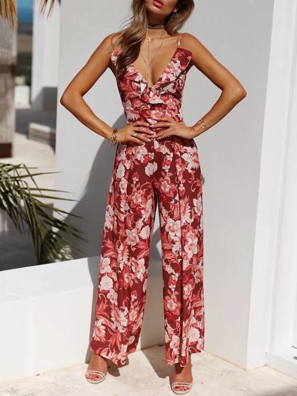 Flower Sleeveless Backless Wide Leg Pants Jumpsuit