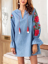Load image into Gallery viewer, EMBROIDERED V NECK LOOSE MINI DRESS
