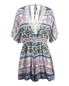 Print Deep V Neck Short Sleeve High Waist Jumpsuit Rompers