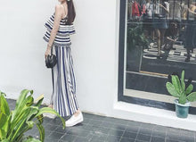 Load image into Gallery viewer, Stripe Spaghetti Strap Tops High Waist Wide Leg Pants 2 Pieces Set
