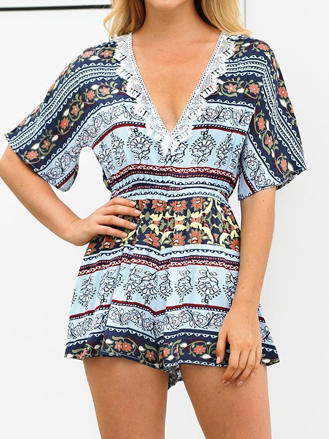 Print Deep V Neck Short Sleeve High Waist Jumpsuit Rompers