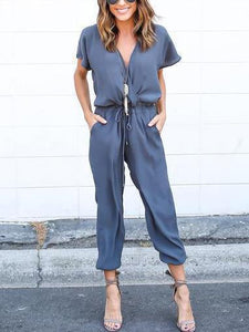 V Neck Short Sleeve Solid Color Jumpsuit Romper