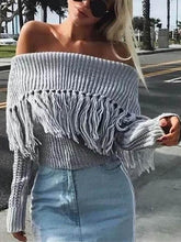 Load image into Gallery viewer, Knit Off Shoulder Long Sleeve Tassel Sweater
