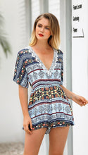 Load image into Gallery viewer, Print Deep V Neck Short Sleeve High Waist Jumpsuit Rompers
