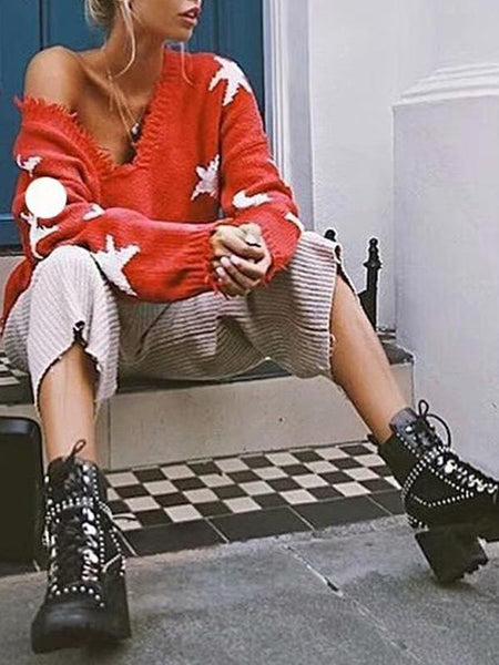 Autumn Long Sleeve Deep V Neck Star Tassels Sweater