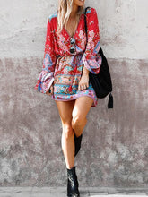 Load image into Gallery viewer, Boho Floral Printed Flare Long Sleeve Drawstring Waist Mini Dress

