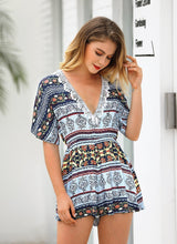 Load image into Gallery viewer, Print Deep V Neck Short Sleeve High Waist Jumpsuit Rompers
