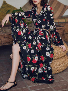 Floral Print Flare Sleeve Crop Top High Waist Maxi Skirt Two Pieces Set