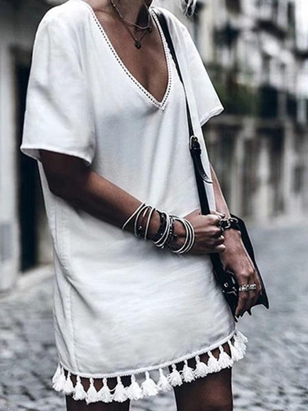 White V Neck Short Sleeve Tassel Mini Dress