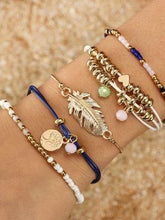 Load image into Gallery viewer, Ethnic Style Creative Alloy Rice Beads Love Leaves Feathers Multi-Layer Bracelet Cord Woven Bracelet Set Of 5
