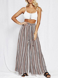 Print Stripe Belted High Waist Wide Leg Pants