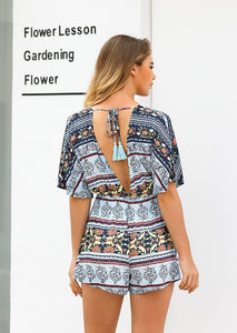 Print Deep V Neck Short Sleeve High Waist Jumpsuit Rompers