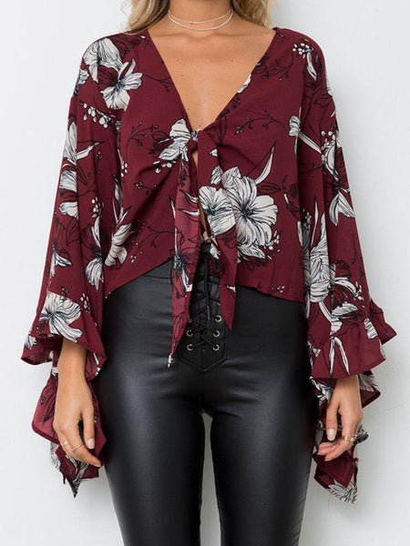 Flared Sleeve Ruffled Irregular V-Neck Top