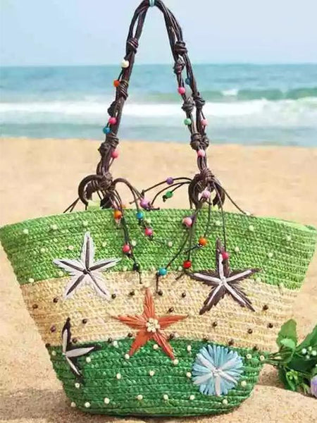 Bohemia Starfish Embroidery Seaside Holiday Beach Straw Shoulder Bag