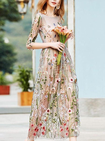 Seaside Holiday Beach Vintage Embroidered Mesh Dress