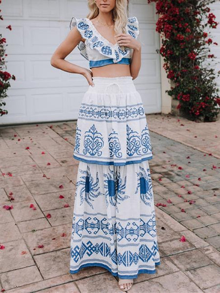 Print V Neck Sleeveless Tops High Waist Skirt 2 Pieces Set