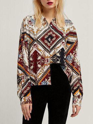 Printed Geometric Pattern Shirt Loose Stand Collar Top