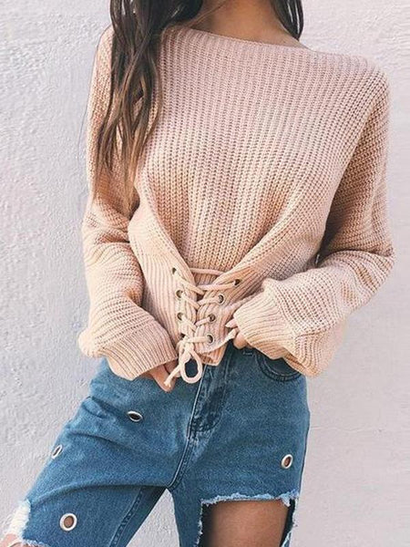 Solid Color Lace Up Pullover Sweater