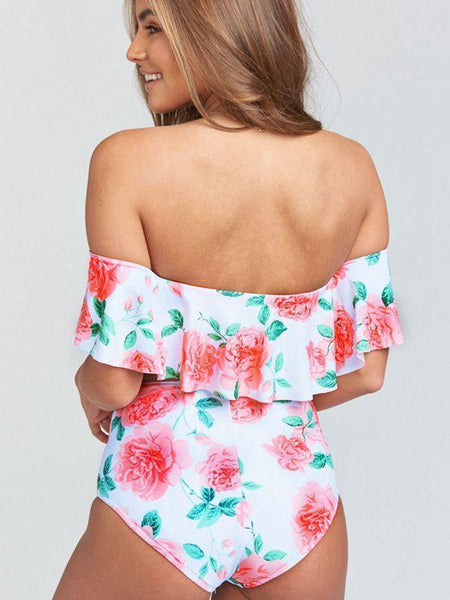 Strapless High Waist Floral Printed Off-the-shoulder Ruffled Swimsuit-3