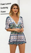 Load image into Gallery viewer, Print Deep V Neck Short Sleeve High Waist Jumpsuit Rompers
