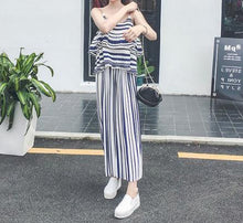 Load image into Gallery viewer, Stripe Spaghetti Strap Tops High Waist Wide Leg Pants 2 Pieces Set
