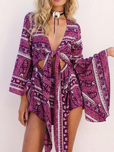 Print V Neck Long Sleeve Boho Rompers