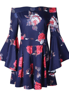 Floral Print Off Shoulder Flared Sleeve Boho Rompers