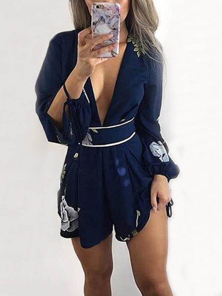 Flower Backless Deep V Neck Rompers