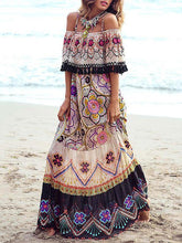 Load image into Gallery viewer, Flower Print Off Shoulder Tassel Bohemia Maxi Dress
