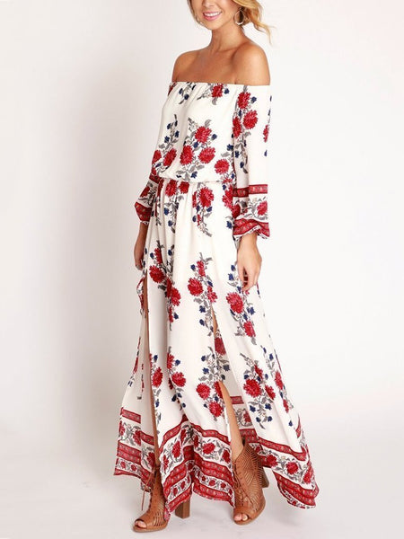 Floral Print Off Shoulder Split Beach Maxi Dress