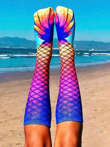 Novelty 3D Print High Knee Beach Mermaid Stockings