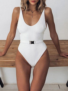 Solid Color Belt One-Piece Swimsuit Bikini