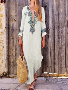 Autumn V Neck Long Sleeve Linen Cotton Maxi Dress