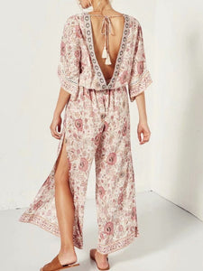 Print V Neck Bohemia Split Jumpsuit Romper