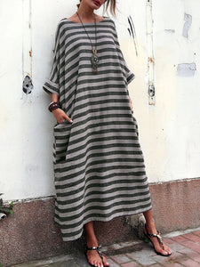 Casual Oversized Striped Round Neck Pocket Long Dress