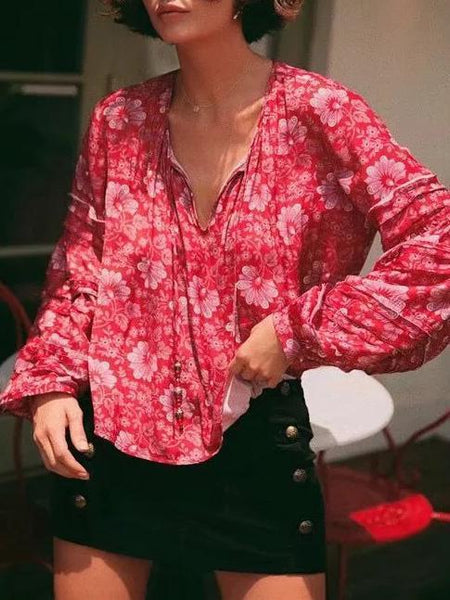 Boho Floral Long Sleeve V Neck Top Blouse
