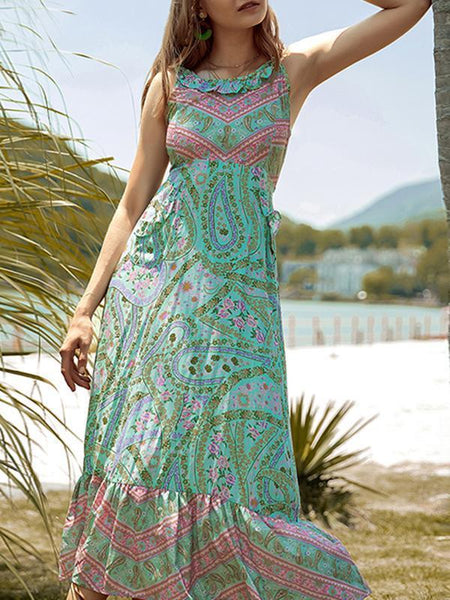 Bohemian Paisley Floral Boho Backless Spaghetti Strap Dress