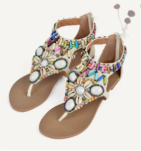 Ethnic Style Women Summer Bohemian Stone Bead Flat Sandals