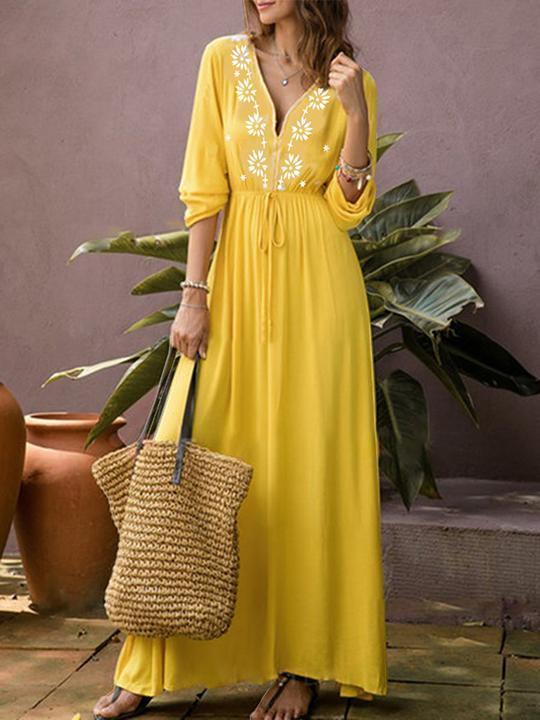 Yellow V Neck Long Sleeve Maxi Dress