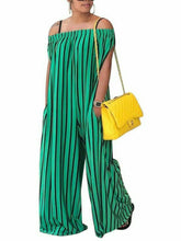 Load image into Gallery viewer, Green Off Shoulder Stripe Wide Leg Pants Jumpsuit
