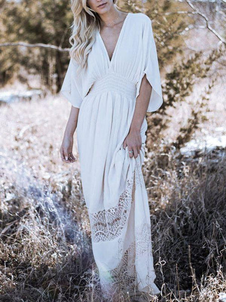 Bohemia V-Neck Stitching Lace Cover-Up Beach Dress