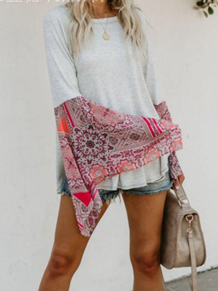 Autumn Solid Color Round Neck Long Sleeve Print Loose Stitching Top