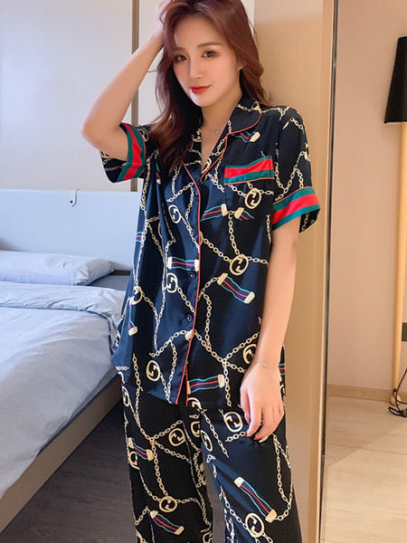 Autumn couple ice silk pajamas women fashion short sleeve suit men Korean leisure silk ladies cardigan home service