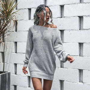 Autumn/winter casual off-the-shoulder lantern sleeve knitted sweater dress