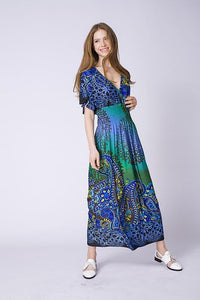 Bohemia Floral-Printed Short Sleeve V Neck Waisted Beach Long Dress