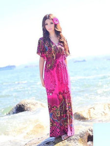 Bohemia Floral-Printed Short Sleeve V Neck Waisted Beach Long Dress