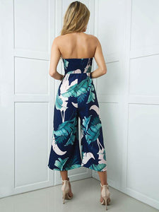 Leaves Printed Off-the-shoulder Backless Long Jumpsuits