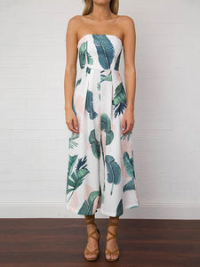 Leaves Printed Backless Off-the-shoulder Long Jumpsuits